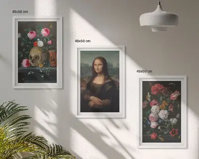 Composizione di quadri con ritratto della Monna Lisa in versione teschio floreale