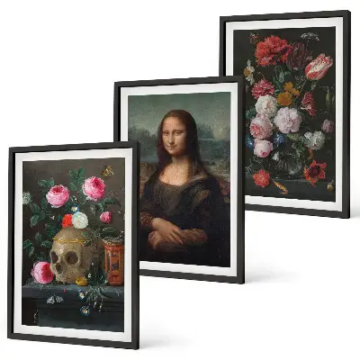 Composizione di quadri con ritratto della Monna Lisa in versione teschio floreale