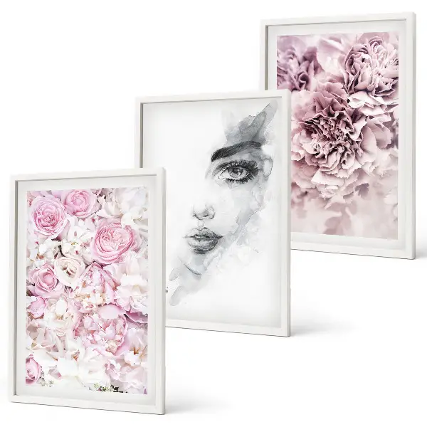 Set di 3 quadri peonie e ritratto di donna in bianco e nero