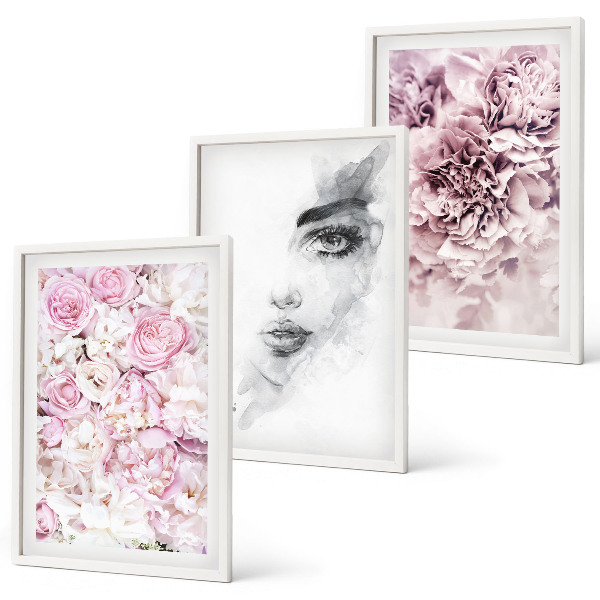 Set di 3 quadri Peonie, ritratto di una donna in bianco e nero