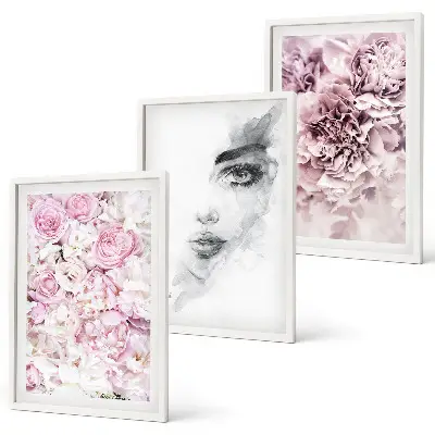 Set di 3 quadri peonie e ritratto di donna in bianco e nero