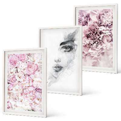 Set di 3 quadri Peonie, ritratto di una donna in bianco e nero