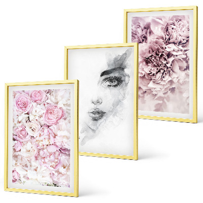 Set di 3 quadri Peonie, ritratto di una donna in bianco e nero
