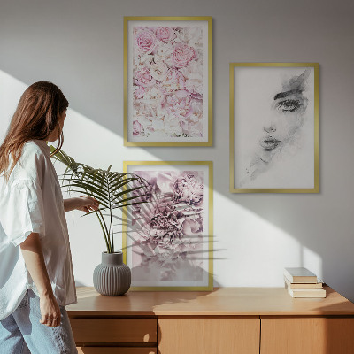 Set di 3 quadri Peonie, ritratto di una donna in bianco e nero