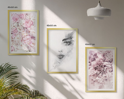 Set di 3 quadri Peonie, ritratto di una donna in bianco e nero