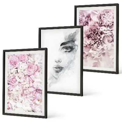 Set di 3 quadri peonie e ritratto di donna in bianco e nero