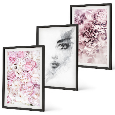 Set di 3 quadri Peonie, ritratto di una donna in bianco e nero