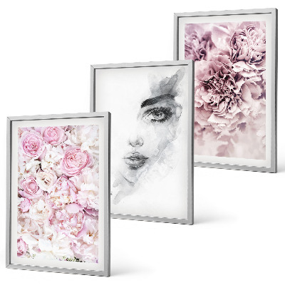 Set di 3 quadri Peonie, ritratto di una donna in bianco e nero