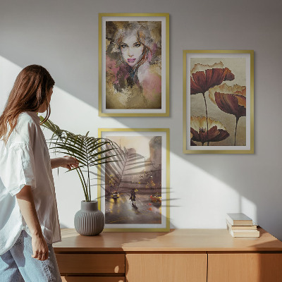 Set di 3 quadri Ritratto astratto di una donna con fiori e pioggia