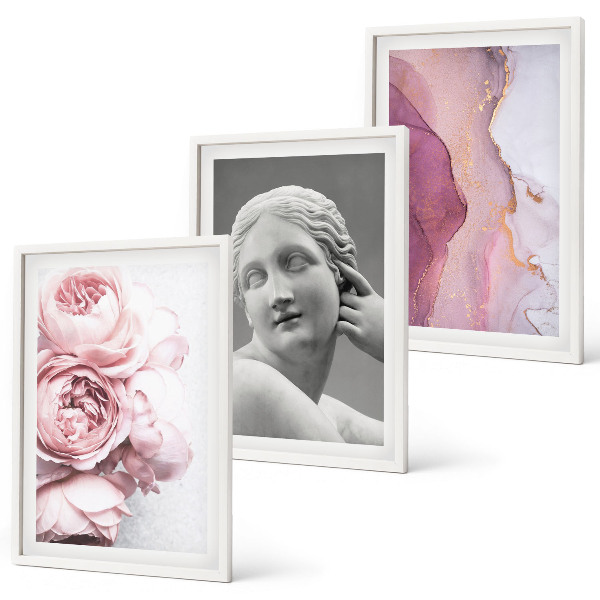 Composizione di quadri Peonie, scultura astratta di donna