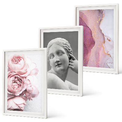 Composizione di quadri Peonie, scultura astratta di donna