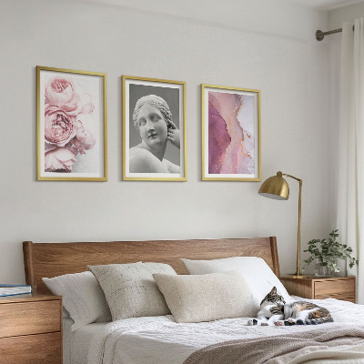 Composizione di quadri Peonie, scultura astratta di donna