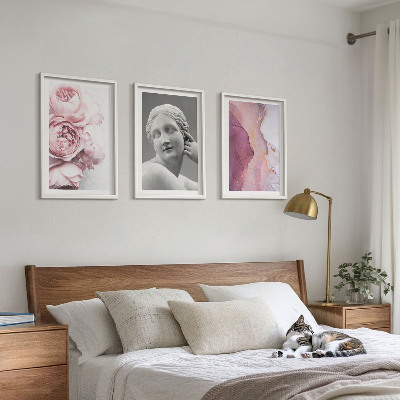 Composizione di quadri Peonie, scultura astratta di donna