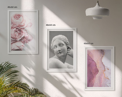 Composizione di quadri Peonie, scultura astratta di donna