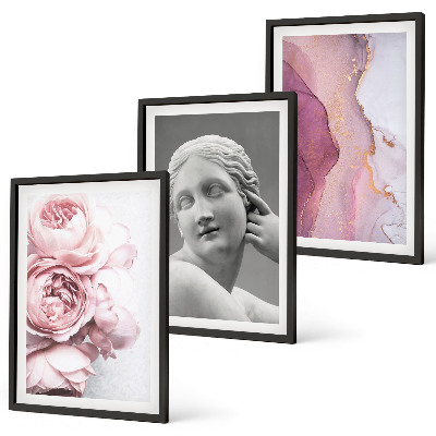 Composizione di quadri Peonie, scultura astratta di donna