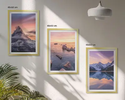 Set di 3 quadri paesaggio montano con lago all'ovest
