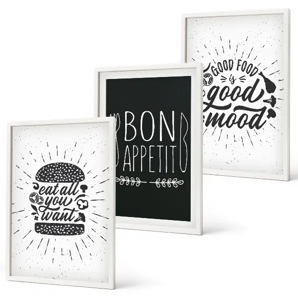Set di quadri incorniciati con grafica culinaria e slogan a tema cibo