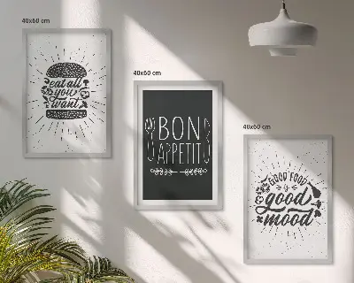Set di quadri incorniciati con grafica culinaria e slogan a tema cibo