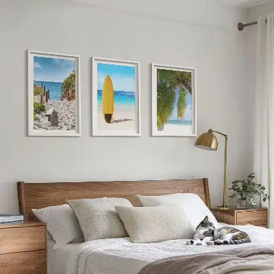 Composizione di quadri con spiagge in vacanza, onde e palme