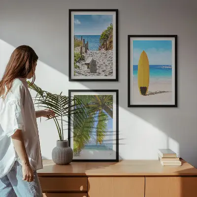 Composizione di quadri con spiagge in vacanza, onde e palme