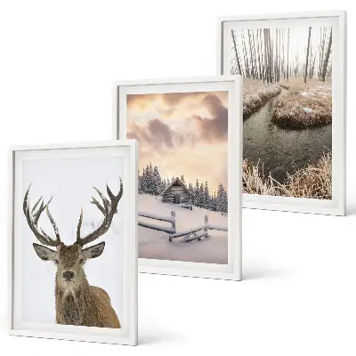 Set di quadri incorniciati paesaggio invernale con rifugio per cervi