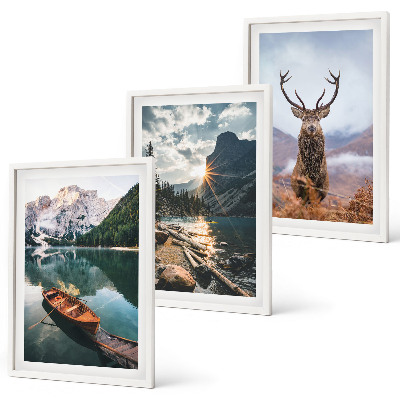 Set di 3 quadri lago di montagna barca tramonto cervo