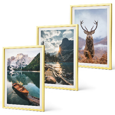 Set di 3 quadri lago di montagna barca tramonto cervo