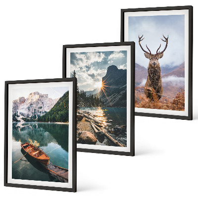 Set di 3 quadri lago di montagna barca tramonto cervo