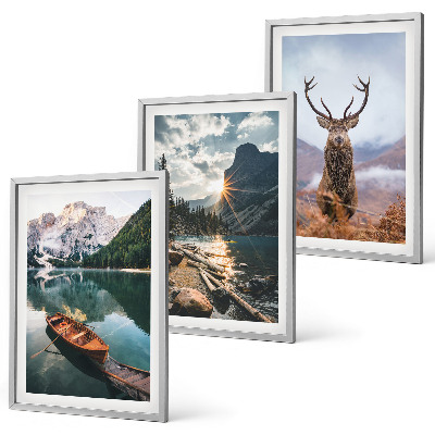 Set di 3 quadri lago di montagna barca tramonto cervo