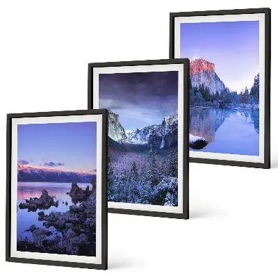 Set di quadri incorniciati paesaggi montani al tramonto con specchio d'acqua