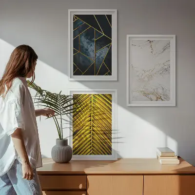 Set di 3 quadri con motivi geometrici e vegetazione