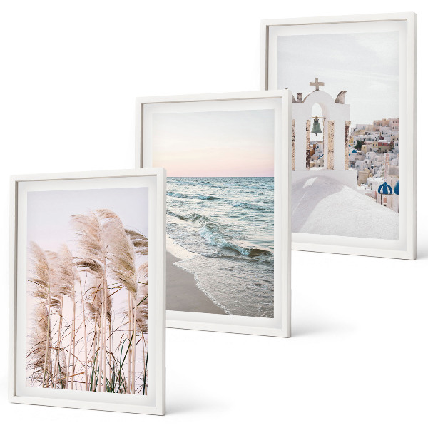 Set di 3 quadri Piante, onde del mare, panorama, case