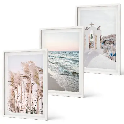 Set di 3 quadri con piante, onde del mare, panorama e case