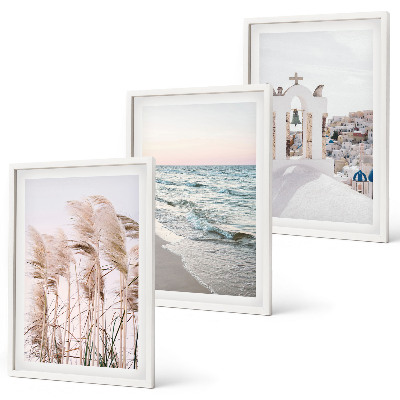 Set di 3 quadri Piante, onde del mare, panorama, case