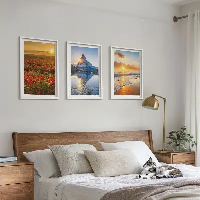 Set di 3 quadri con paesaggi di montagne e mari dell'ovest