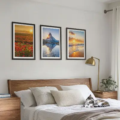 Set di 3 quadri con paesaggi di montagne e mari dell'ovest