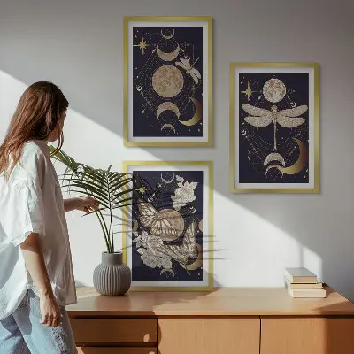 Set di 3 quadri con motivi naturalistici e fiori di luna