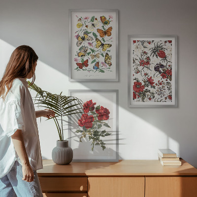 Composizione di quadri Farfalle fiori rose rosse