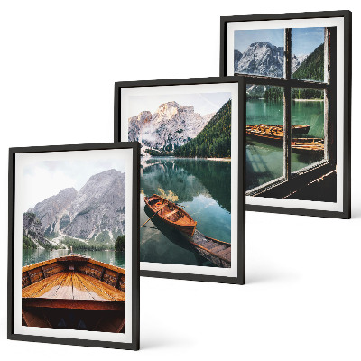 Composizione di quadri finestra delle barche del lago di montagna