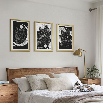 Set di 3 quadri Gatti neri luna spazio
