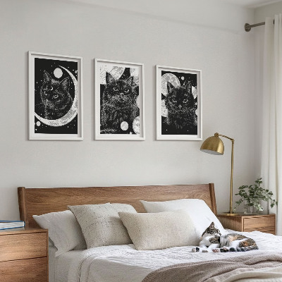 Set di 3 quadri Gatti neri luna spazio