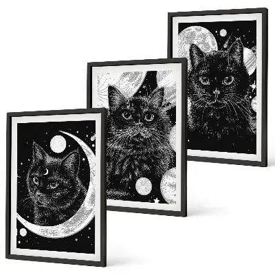 Set di 3 quadri con gatti neri, luna e spazio
