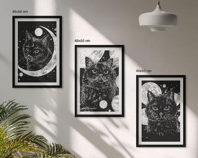 Set di 3 quadri Gatti neri luna spazio