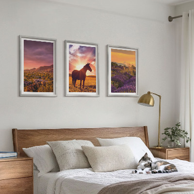 Set di 3 quadri Paesaggio montano con un cavallo