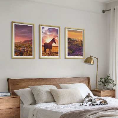 Set di 3 quadri Paesaggio montano con un cavallo