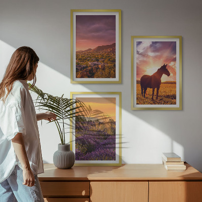 Set di 3 quadri Paesaggio montano con un cavallo