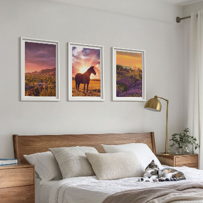 Set di 3 quadri Paesaggio montano con un cavallo