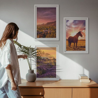 Set di 3 quadri Paesaggio montano con un cavallo