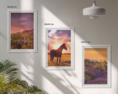 Set di 3 quadri Paesaggio montano con un cavallo