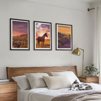 Set di 3 quadri Paesaggio montano con un cavallo